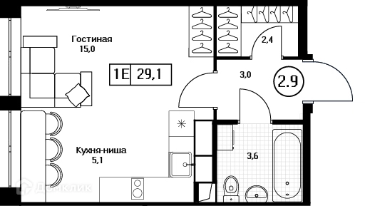 Студия 29.1 м² Пушкино Град