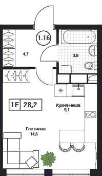 Студия 28.2 м² Пушкино Град