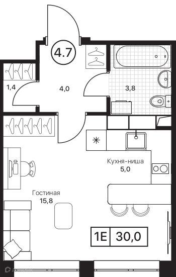 Студия 30 м² Пушкино Град