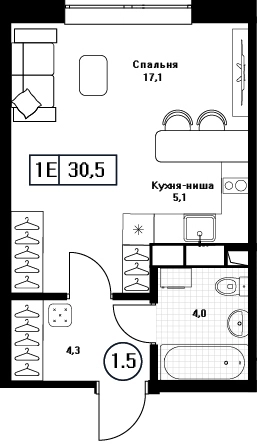 Студия 30.5 м² Пушкино Град