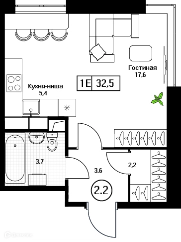 Студия 32.5 м² Пушкино Град