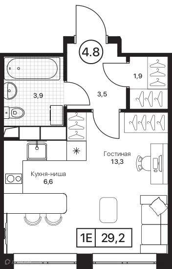 Студия 29.2 м² Пушкино Град