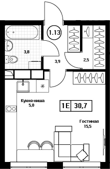 Студия 30.7 м² Пушкино Град