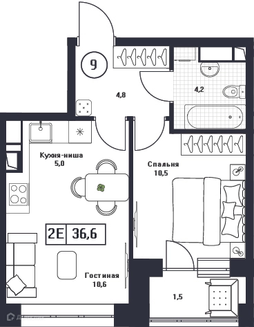 1-комнатная квартира 36.6 м² Пушкино Град