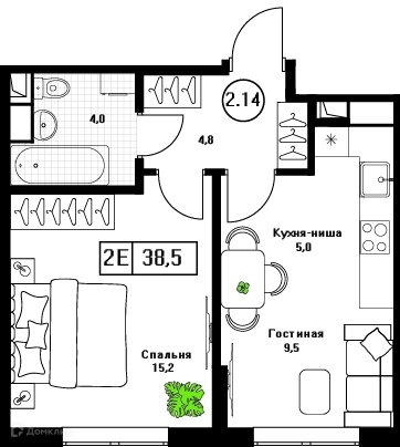 1-комнатная квартира 38.5 м² Пушкино Град