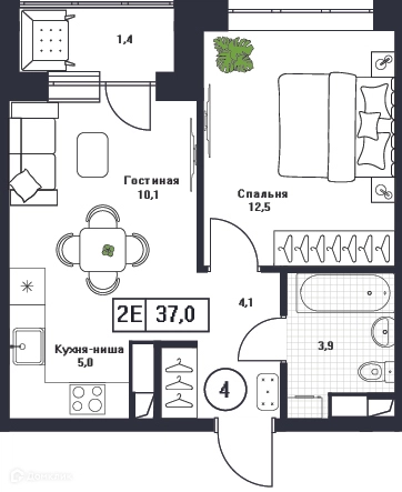 1-комнатная квартира 37 м² Пушкино Град