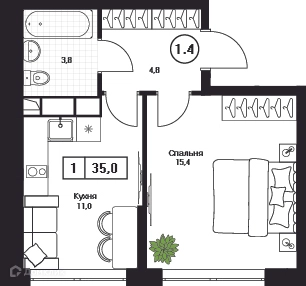1-комнатная квартира 35 м² Пушкино Град