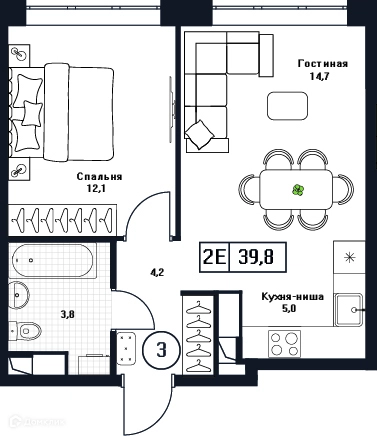 1-комнатная квартира 39.8 м² Пушкино Град