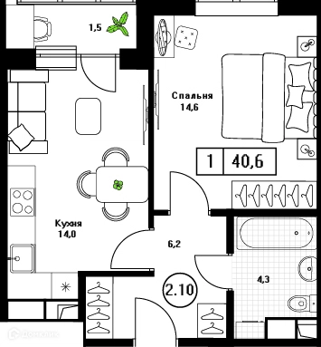 1-комнатная квартира 40.6 м² Пушкино Град
