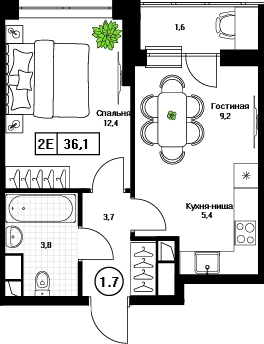 1-комнатная квартира 36.1 м² Пушкино Град