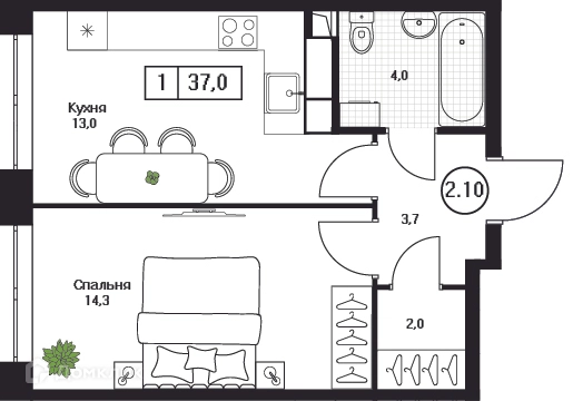 1-комнатная квартира 37 м² Пушкино Град