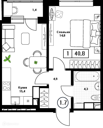 1-комнатная квартира 40.8 м² Пушкино Град