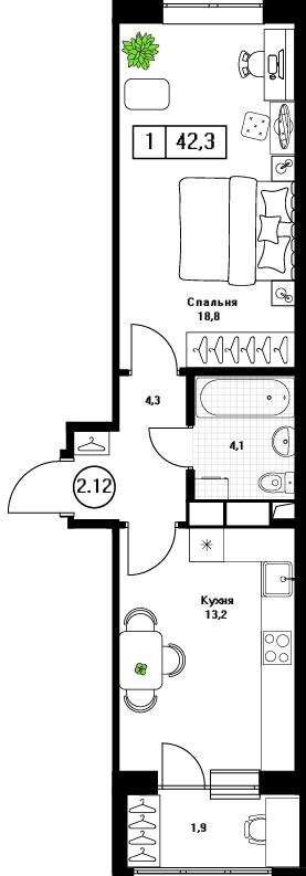 1-комнатная квартира 42.3 м² Пушкино Град