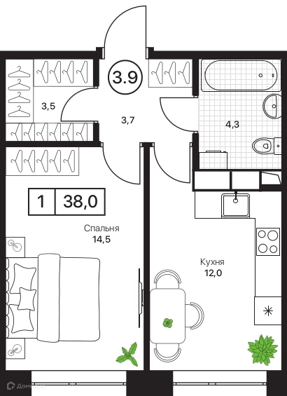 1-комнатная квартира 38 м² Пушкино Град