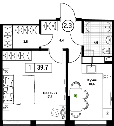 1-комнатная квартира 39.7 м² Пушкино Град