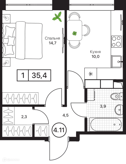 1-комнатная квартира 35.4 м² Пушкино Град