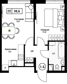 1-комнатная квартира 38.6 м² Пушкино Град