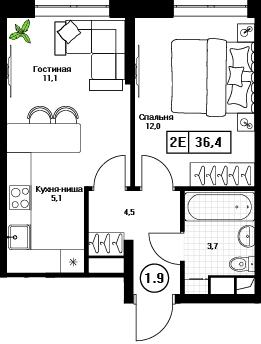 1-комнатная квартира 36.4 м² Пушкино Град