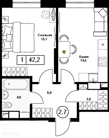 1-комнатная квартира 42.2 м² Пушкино Град