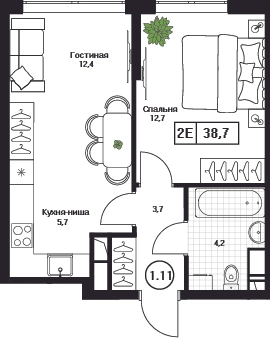 1-комнатная квартира 38.7 м² Пушкино Град