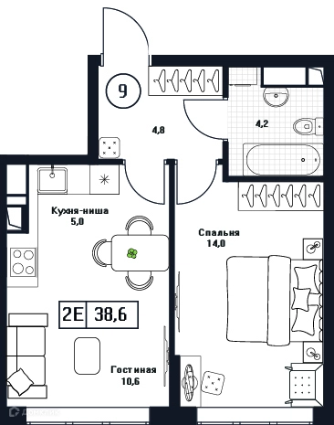 1-комнатная квартира 38.6 м² Пушкино Град