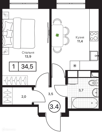 1-комнатная квартира 34.5 м² Пушкино Град