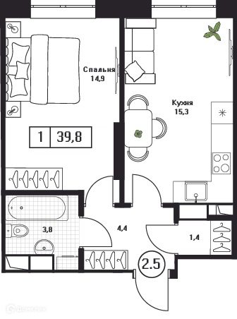 1-комнатная квартира 39.8 м² Пушкино Град