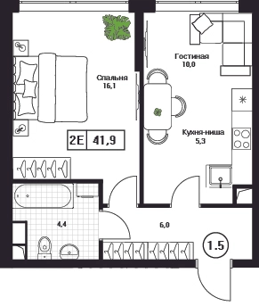 1-комнатная квартира 41.9 м² Пушкино Град
