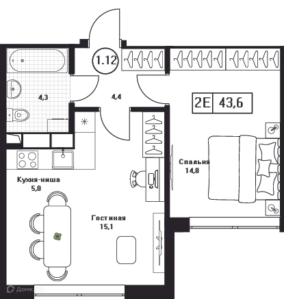 1-комнатная квартира 43.6 м² Пушкино Град