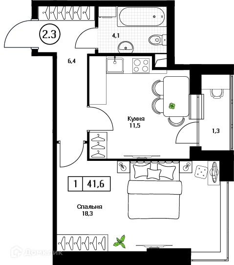 1-комнатная квартира 41.6 м² Пушкино Град