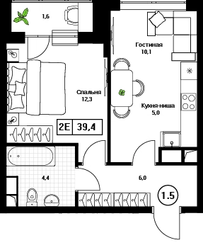 1-комнатная квартира 39.4 м² Пушкино Град