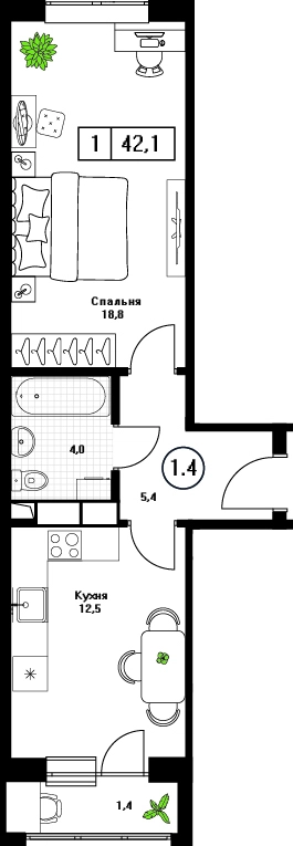 1-комнатная квартира 42.1 м² Пушкино Град