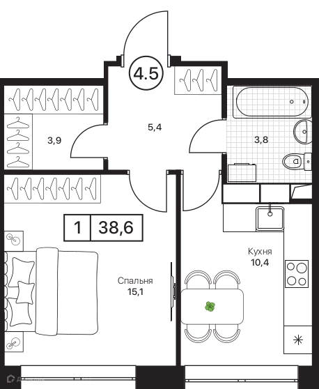 1-комнатная квартира 38.6 м² Пушкино Град