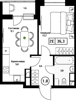 1-комнатная квартира 36.3 м² Пушкино Град