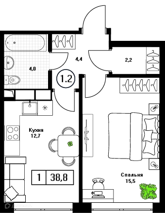 1-комнатная квартира 38.8 м² Пушкино Град