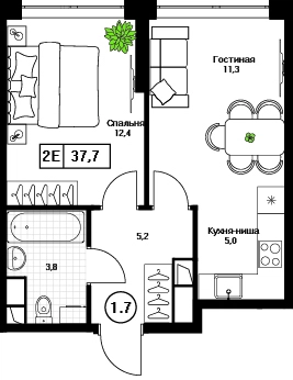 1-комнатная квартира 37.7 м² Пушкино Град