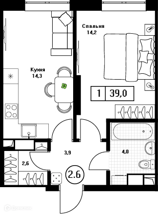 1-комнатная квартира 36.8 м² Пушкино Град