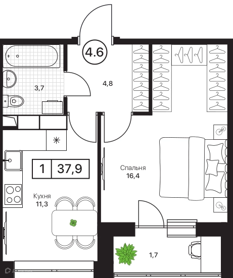 1-комнатная квартира 37.9 м² Пушкино Град
