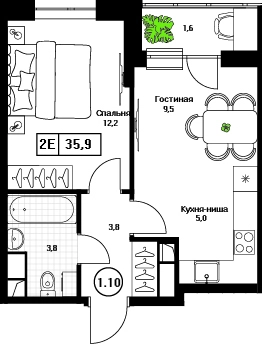 1-комнатная квартира 35.9 м² Пушкино Град