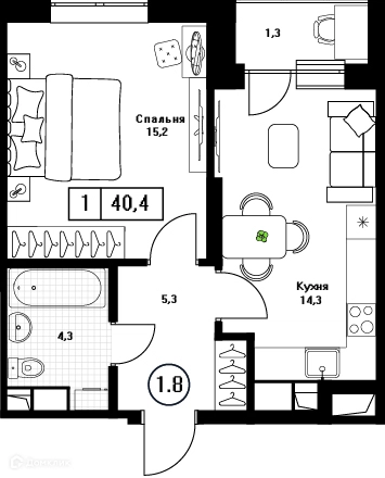 1-комнатная квартира 40.4 м² Пушкино Град