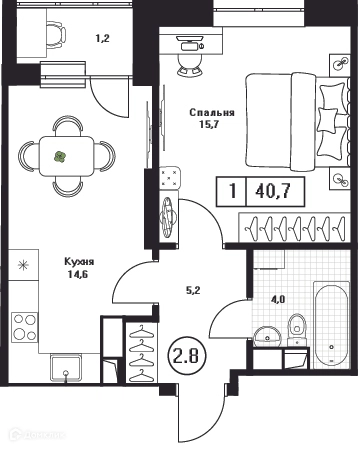 1-комнатная квартира 40.7 м² Пушкино Град
