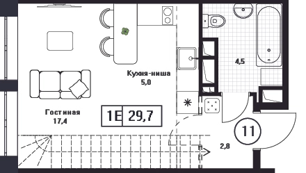 1-комнатная квартира 29.7 м² Пушкино Град