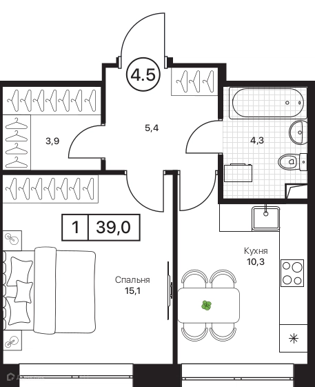 1-комнатная квартира 39 м² Пушкино Град