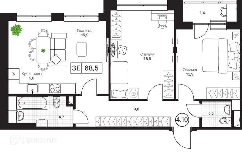 2-комнатная квартира 68.5 м² Пушкино Град