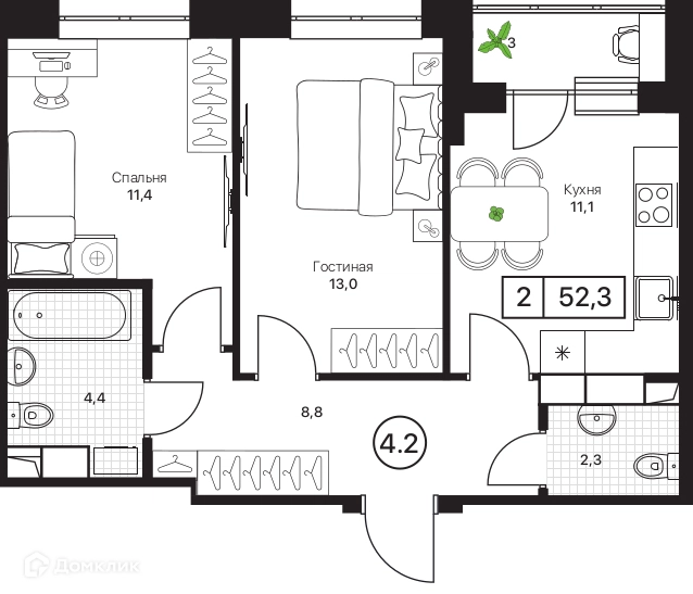 2-комнатная квартира 52.3 м² Пушкино Град