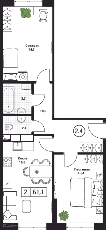 2-комнатная квартира 61.1 м² Пушкино Град