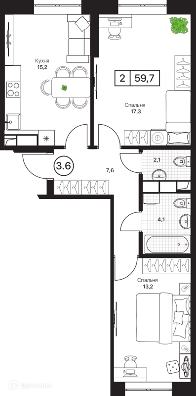 2-комнатная квартира 59.7 м² Пушкино Град