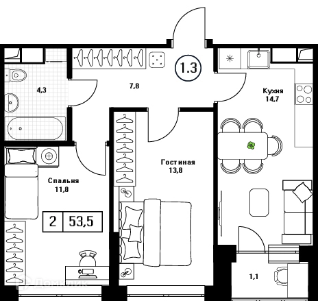2-комнатная квартира 53.5 м² Пушкино Град