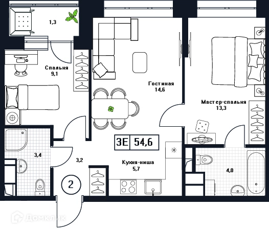 2-комнатная квартира 54.6 м² Пушкино Град