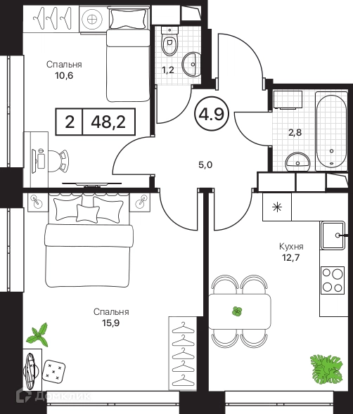 2-комнатная квартира 48.2 м² Пушкино Град